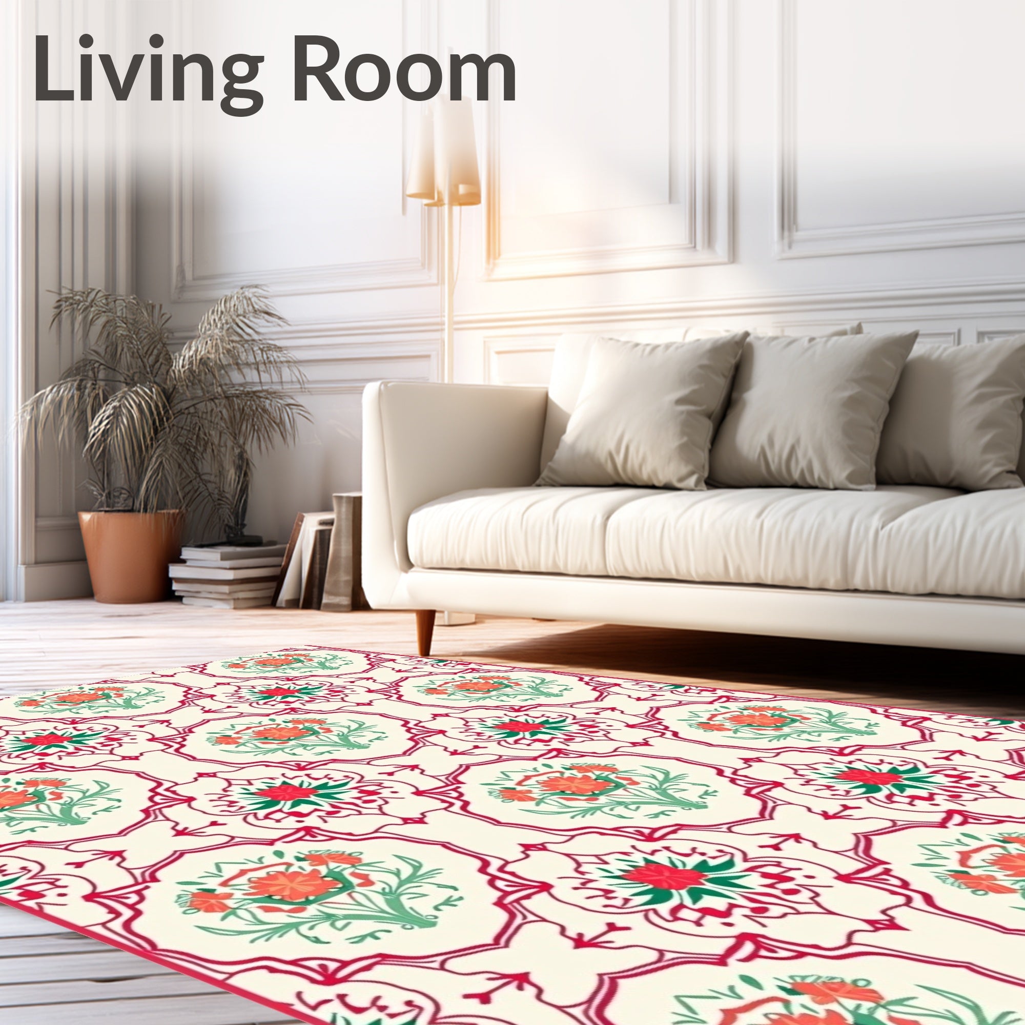 Ornate Floral Medallion Red Green Pattern Rug