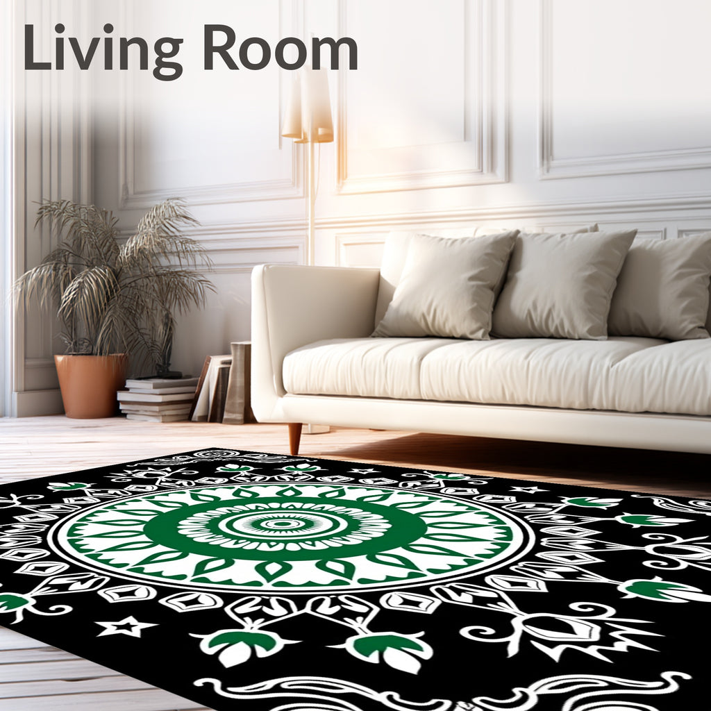Green Floral Medallion Black White Rug