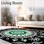 Green Floral Medallion Black White Rug