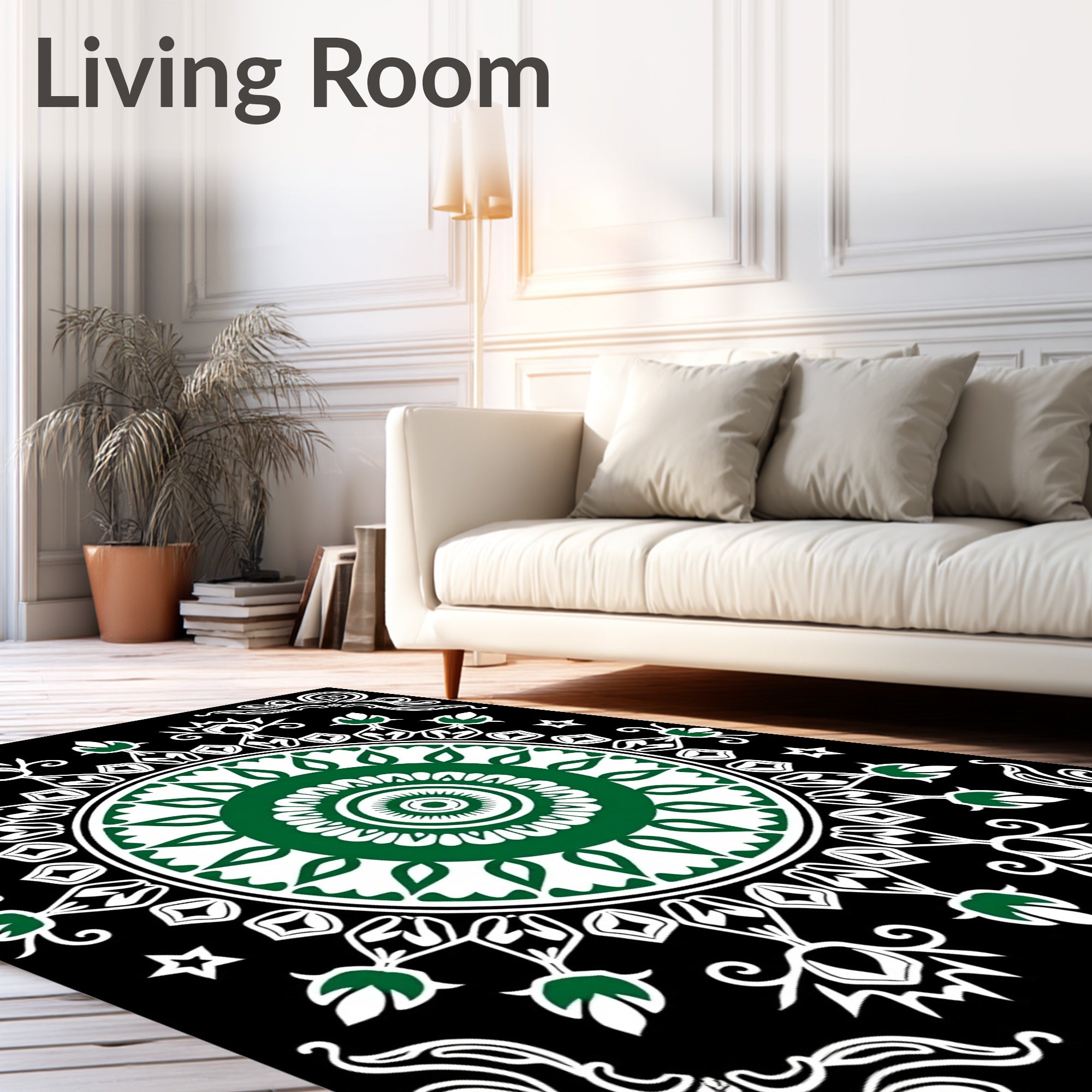 Green Floral Medallion Black White Rug