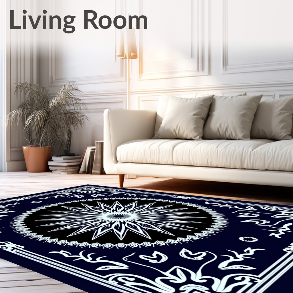 Dark Blue Floral Starburst Mandala Rug