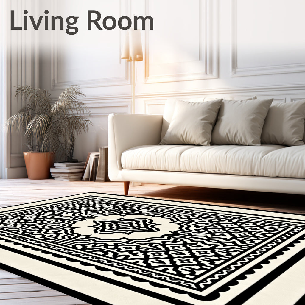 Black White Intricate Geometric Pattern Rug