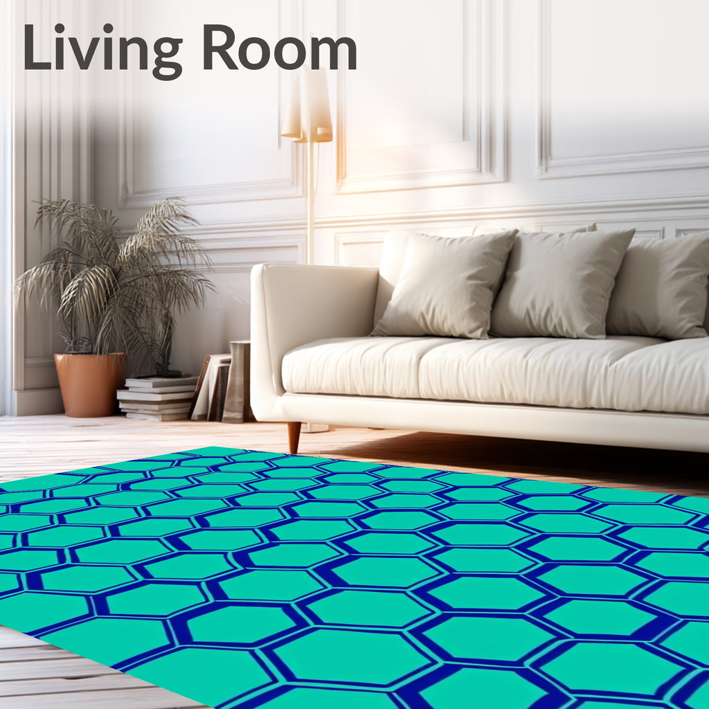 Modern Teal And Blue Hexagonal Pattern Rug
