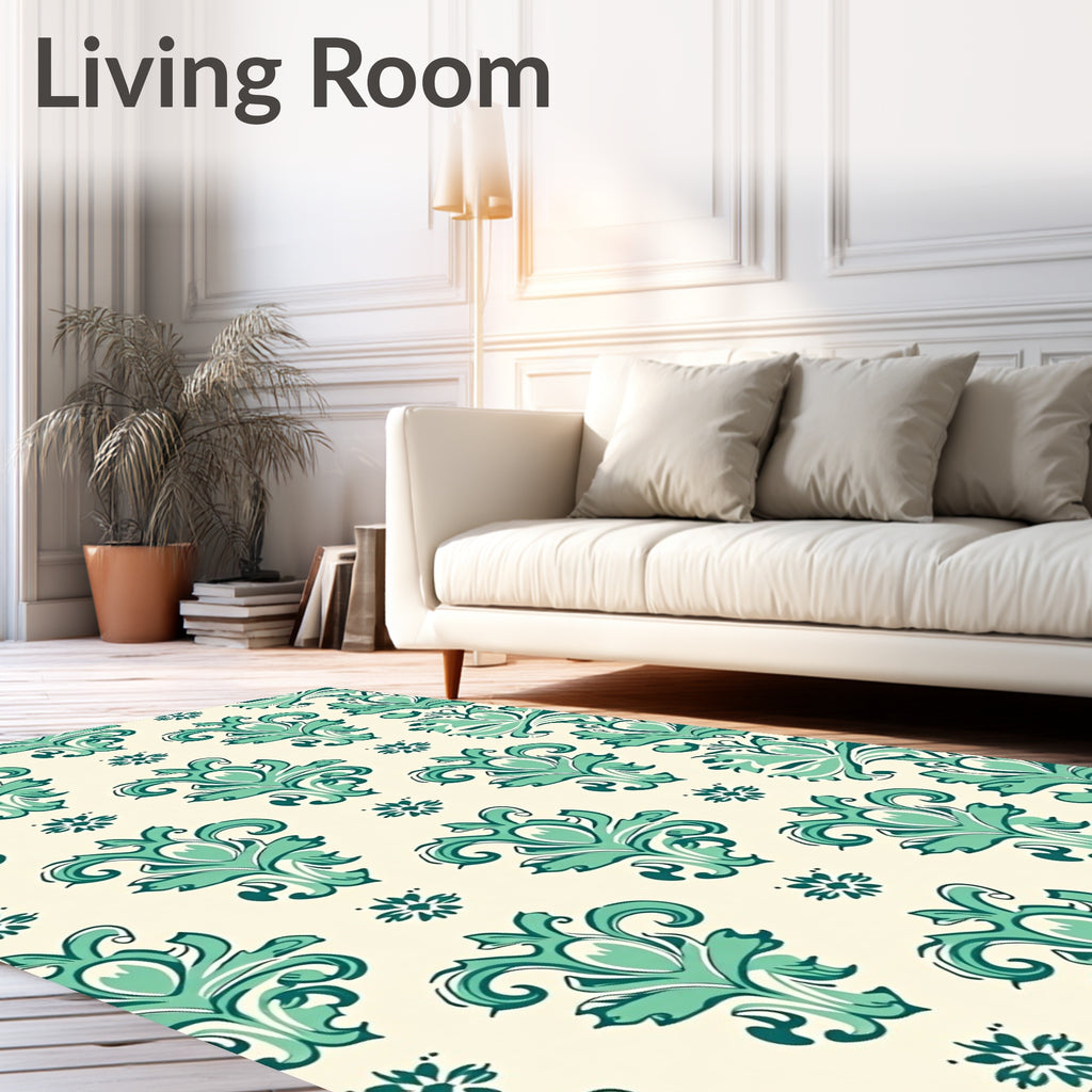 Turquoise Damask Floral Pattern Rug