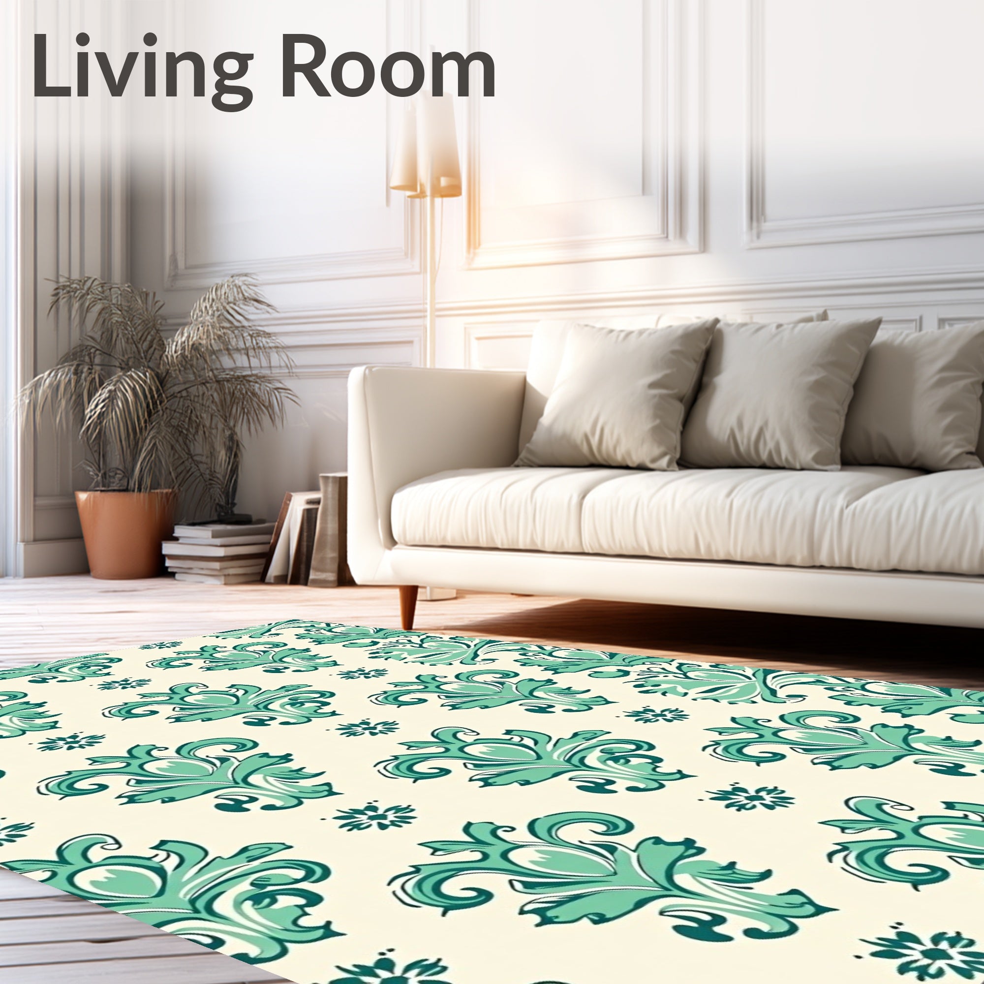 Turquoise Damask Floral Pattern Rug