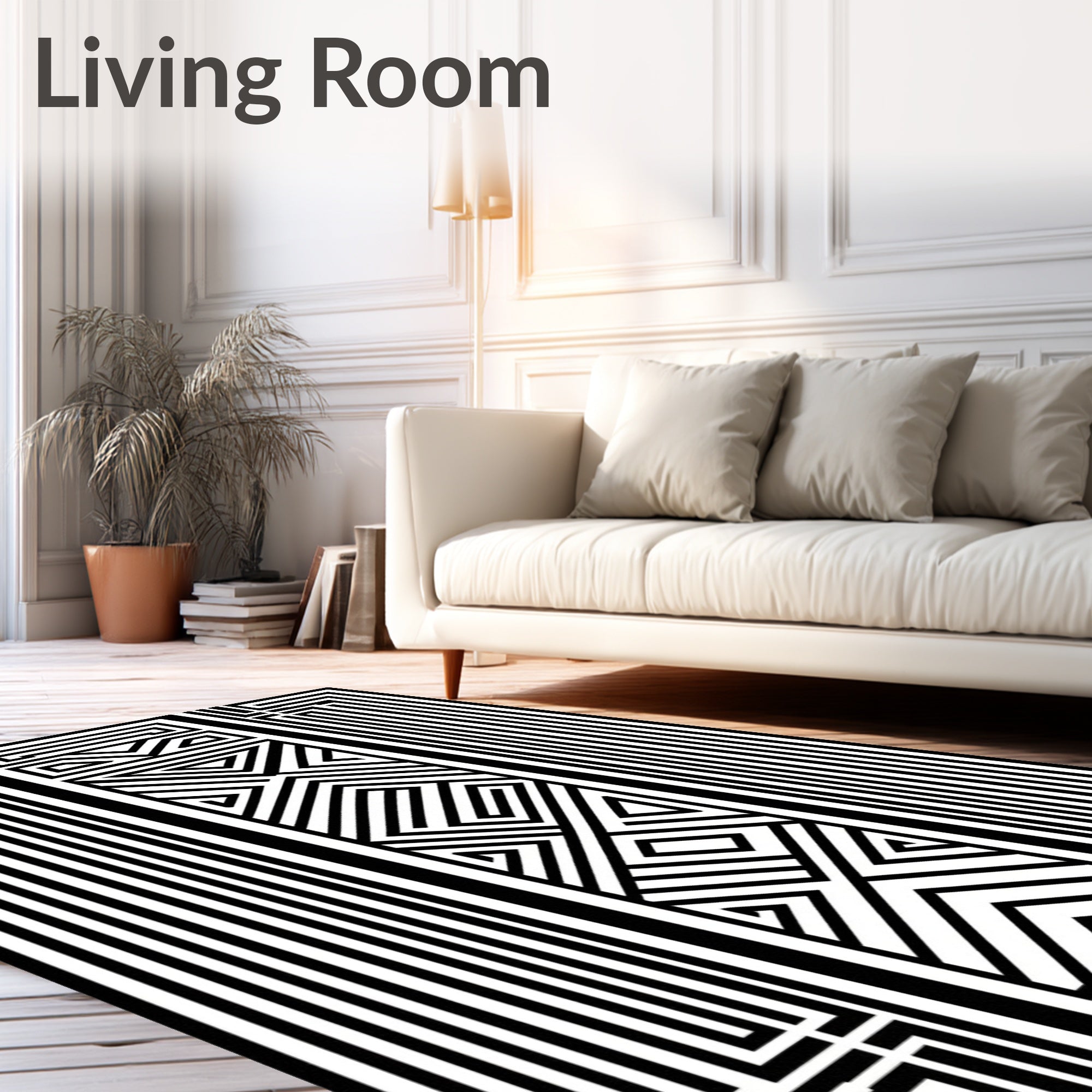 Bold Black White Geometric Maze Rug