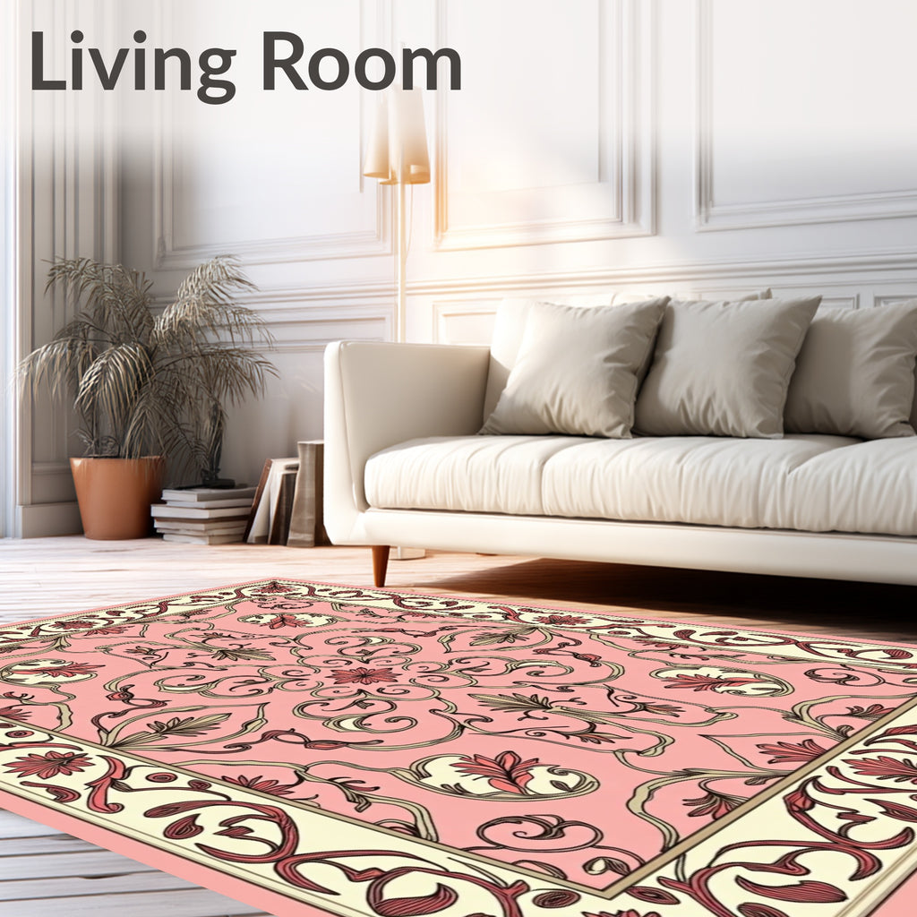 Ornate Floral Scrollwork Pink Rug