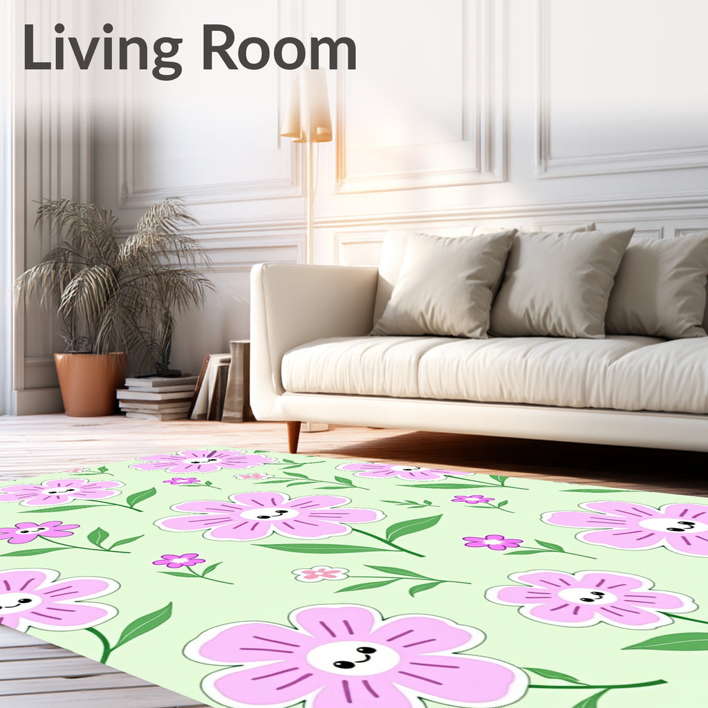 Whimsical Floral Pattern with Smiling Flowers Rug