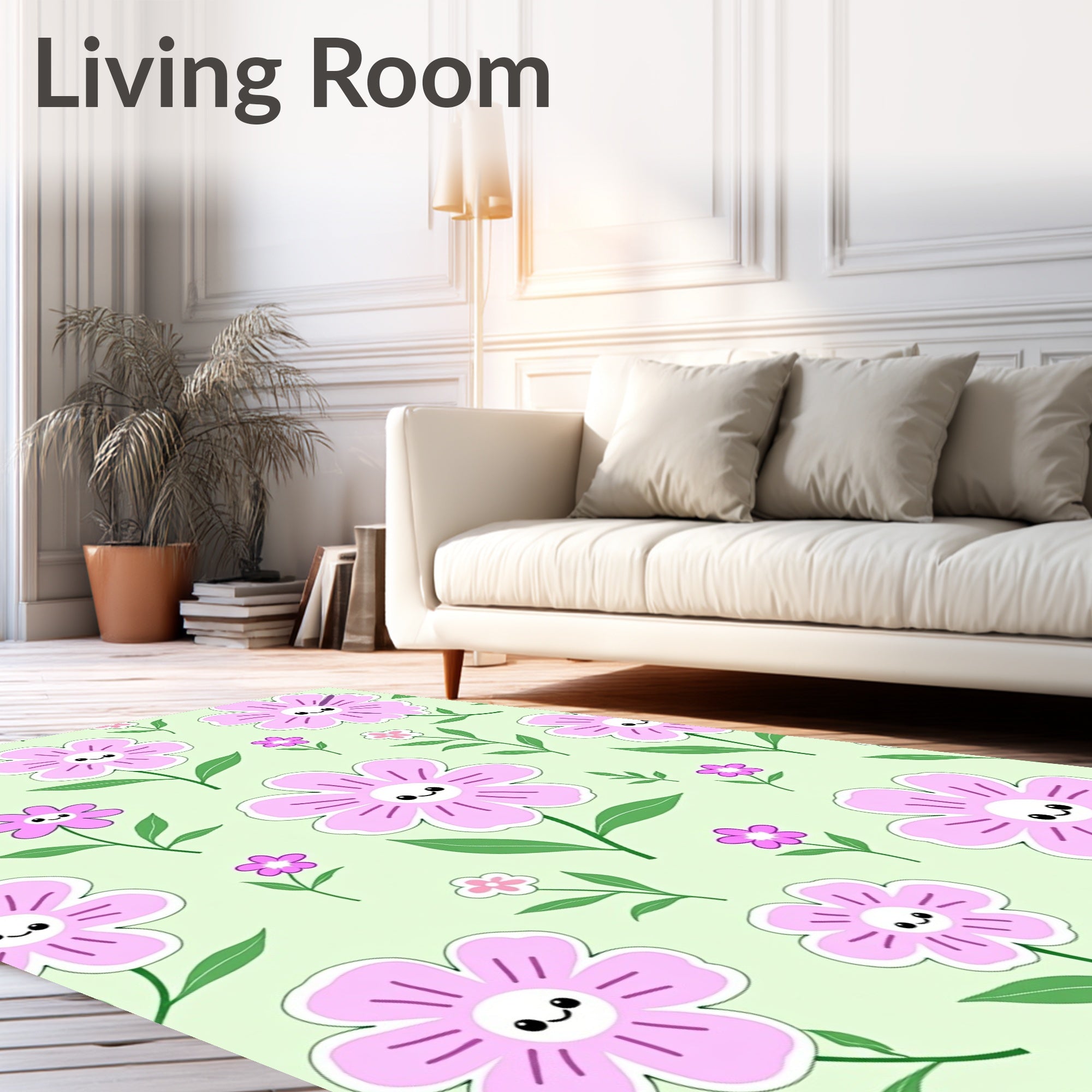Whimsical Floral Pattern with Smiling Flowers Rug