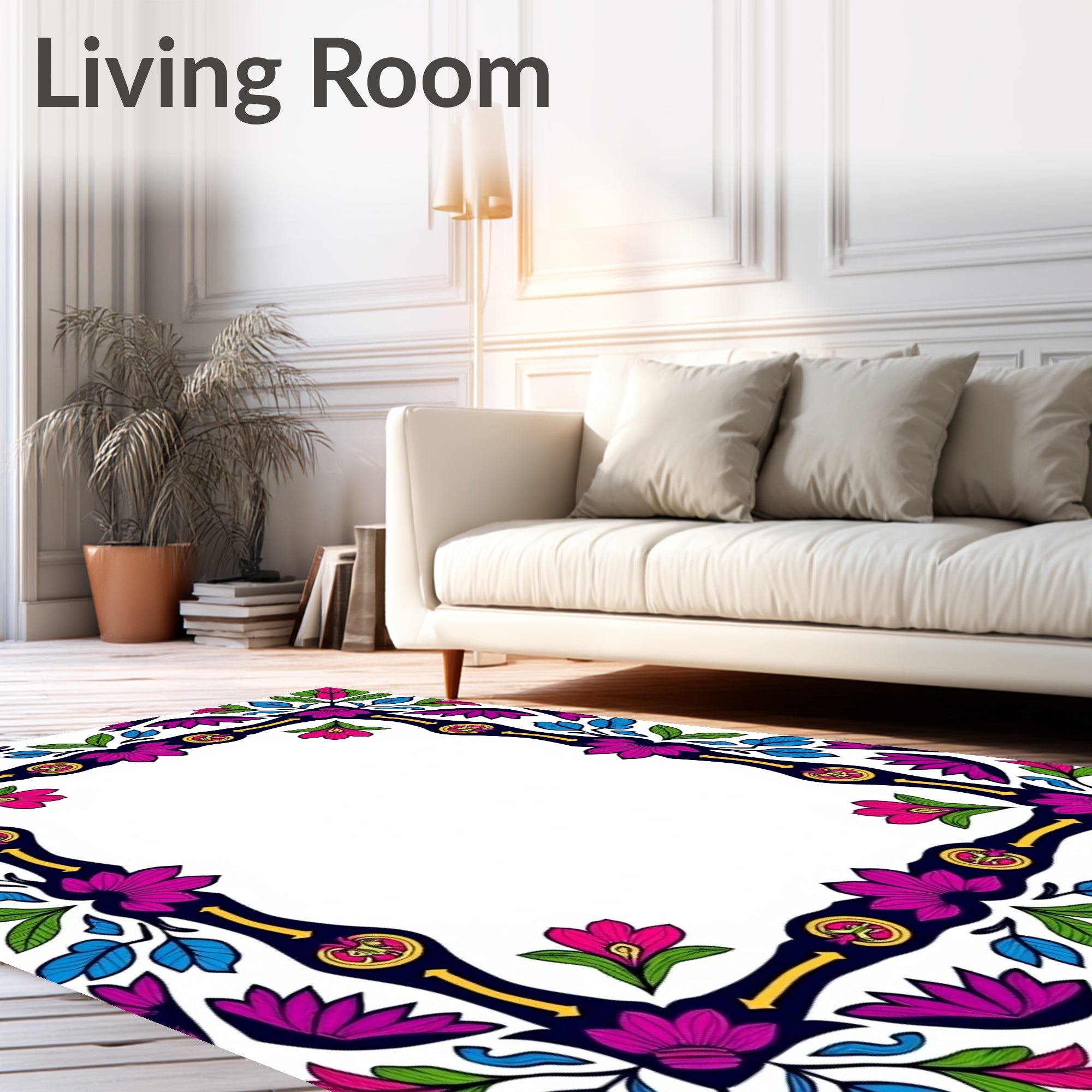 Vibrant Floral Border With Geometric Motifs Rug