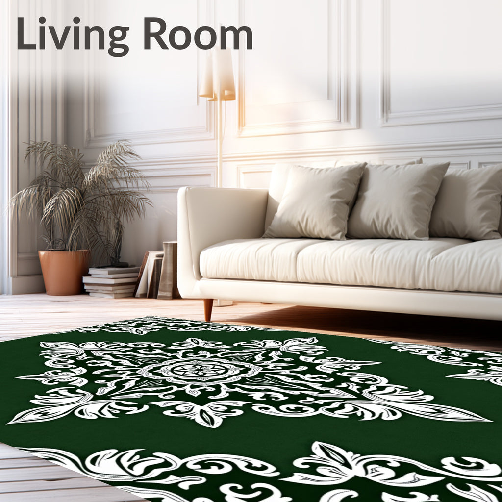 Intricate White Floral Emerald Pattern Rug