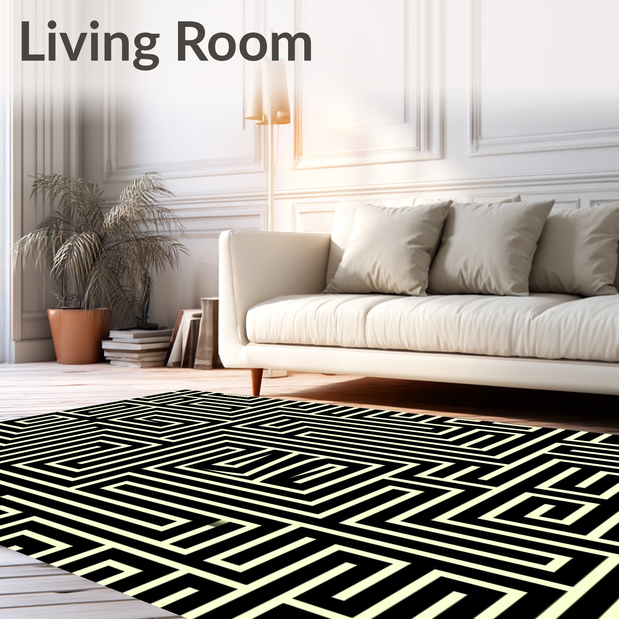 Modern Black Yellow Labyrinth Pattern Rug