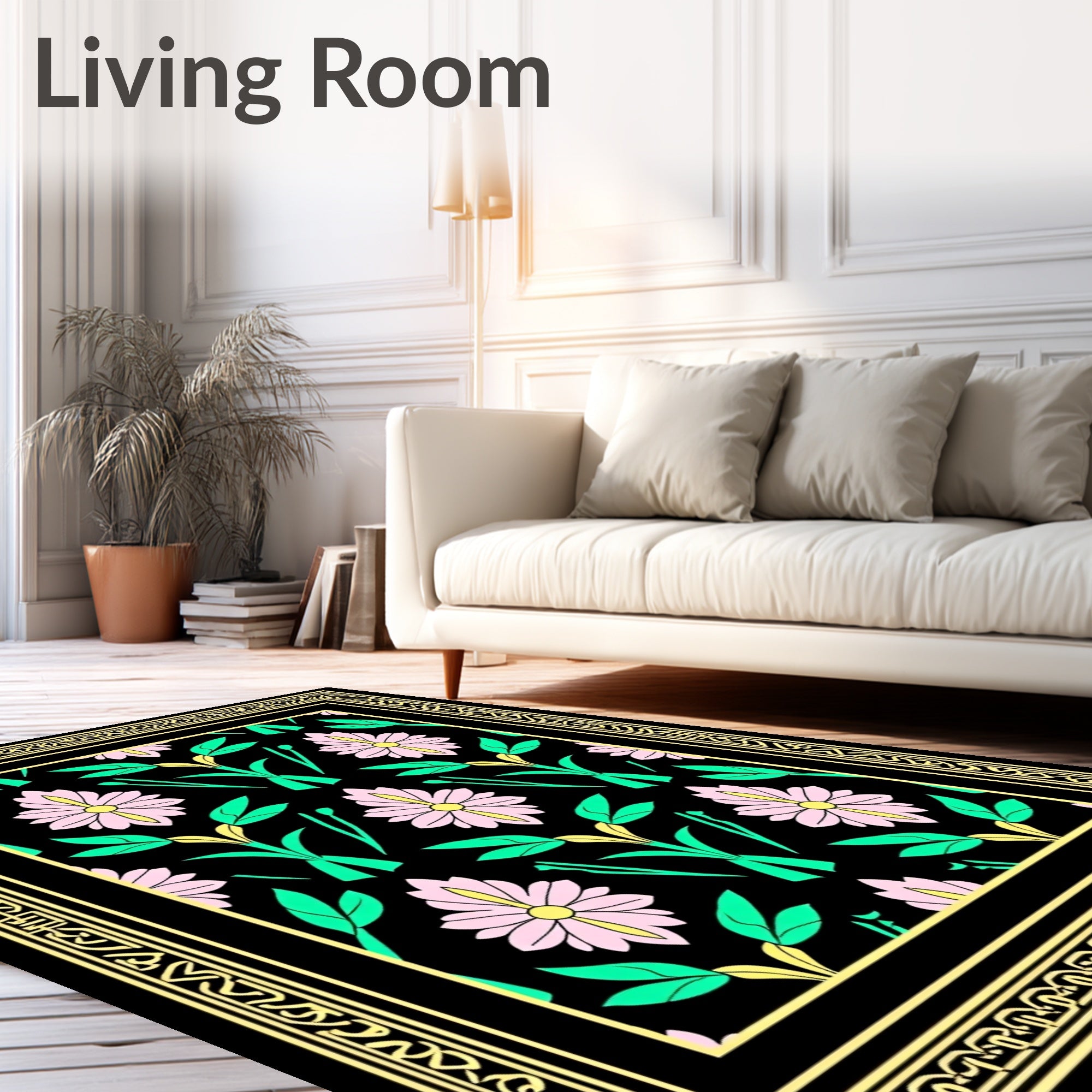 Floral Garden With Intricate Geometric Border Rug