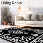 Ornate Black White Floral Scroll Rug