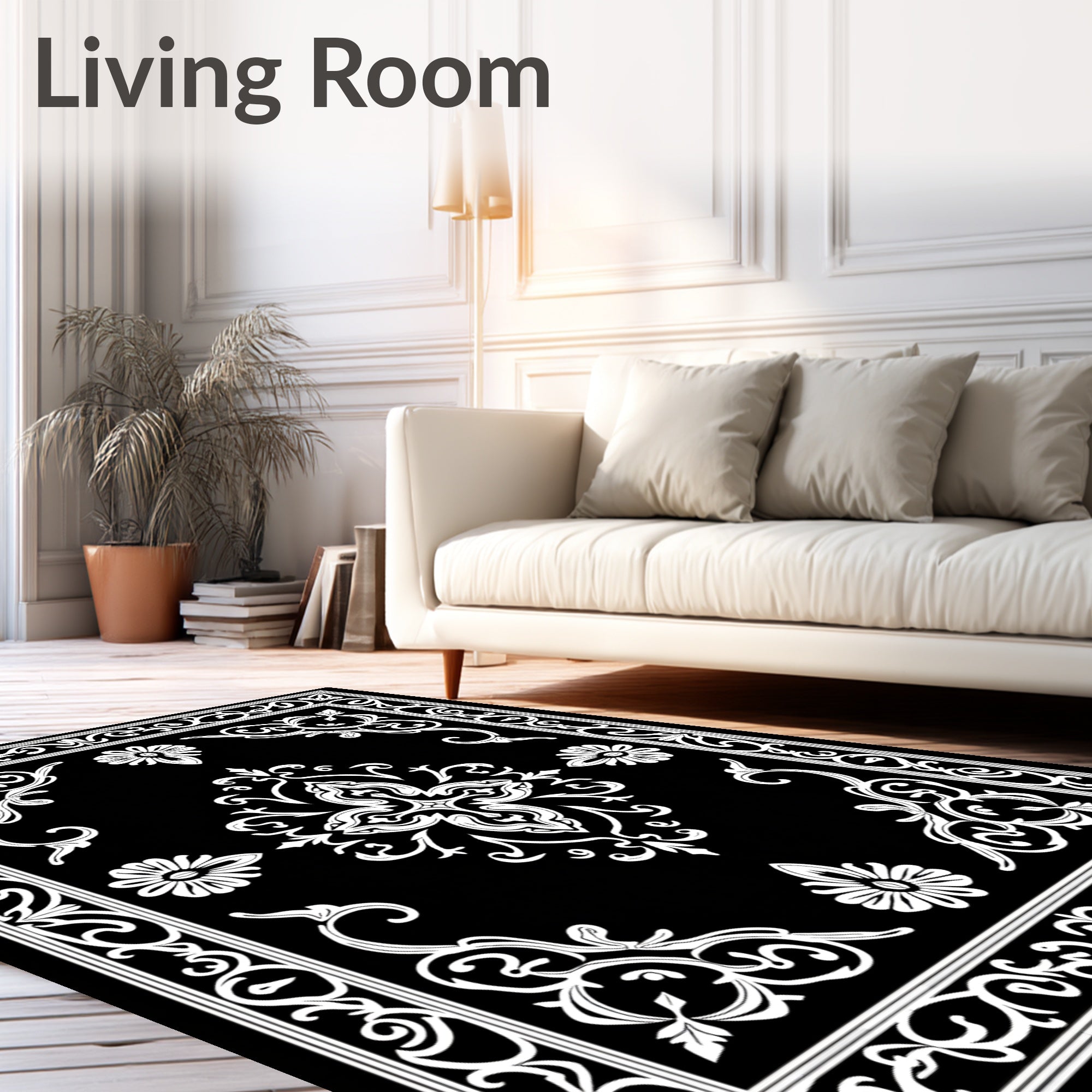 Ornate Black White Floral Scroll Rug