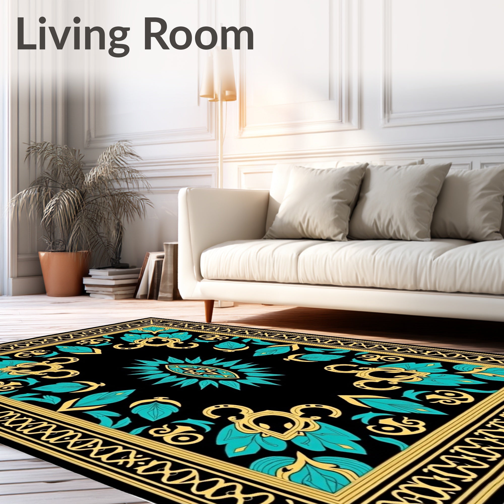 Black Teal Gold Floral Medallion Rug
