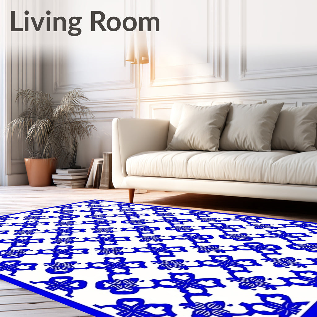 Blue White Floral Interlocking Pattern Rug