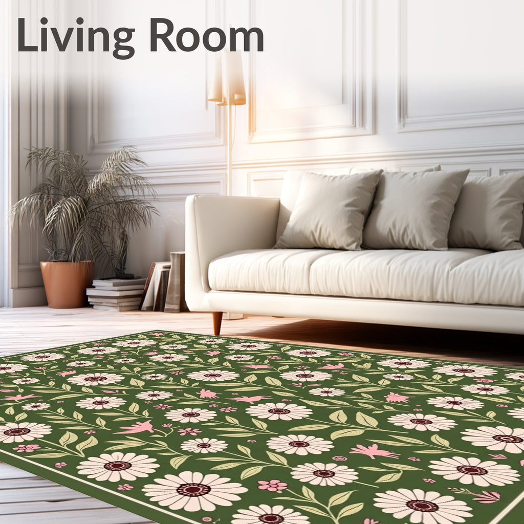 Charming Floral Bird Meadow Pattern Rug