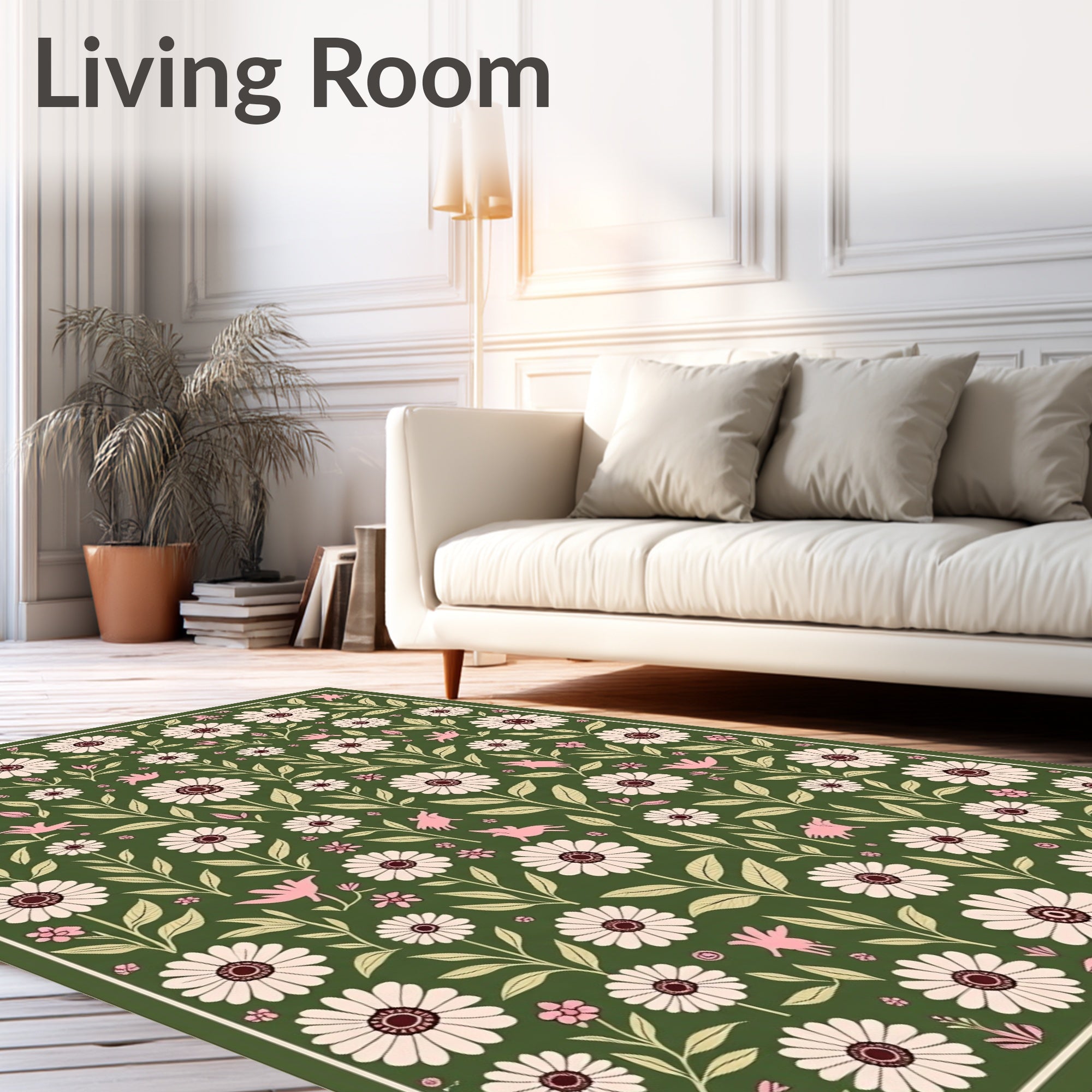 Charming Floral Bird Meadow Pattern Rug