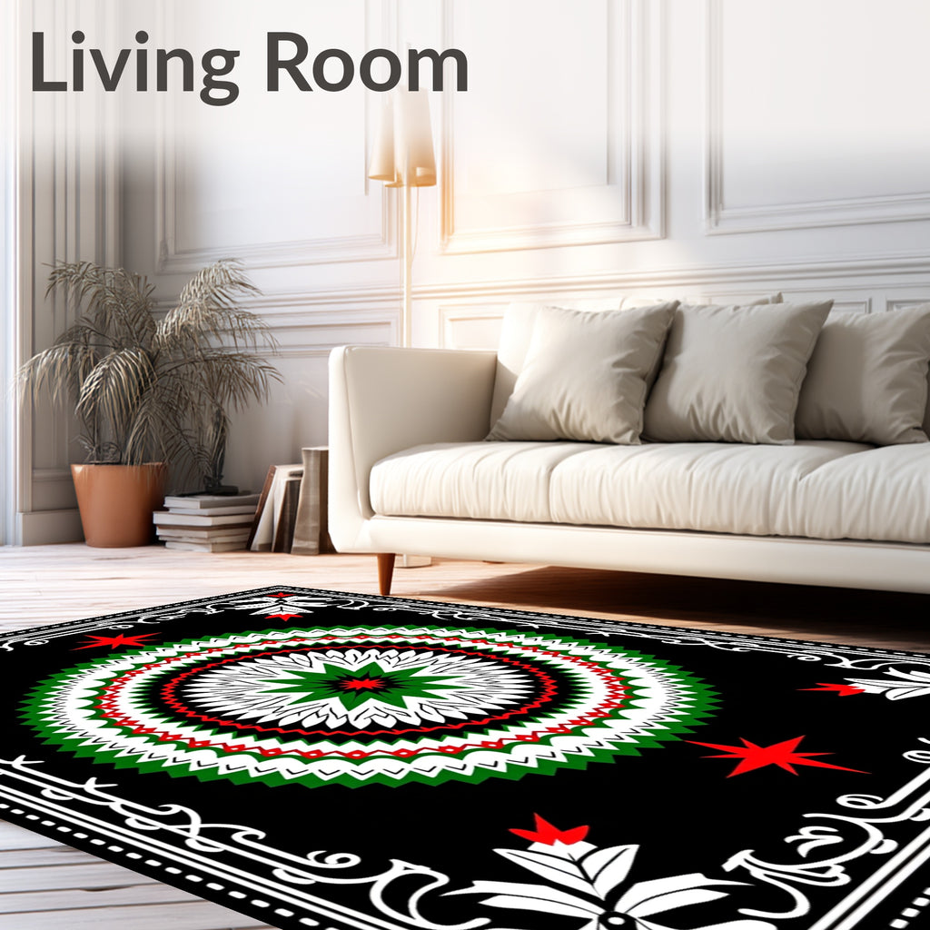 Bold Green Red White Starburst Medallion Rug