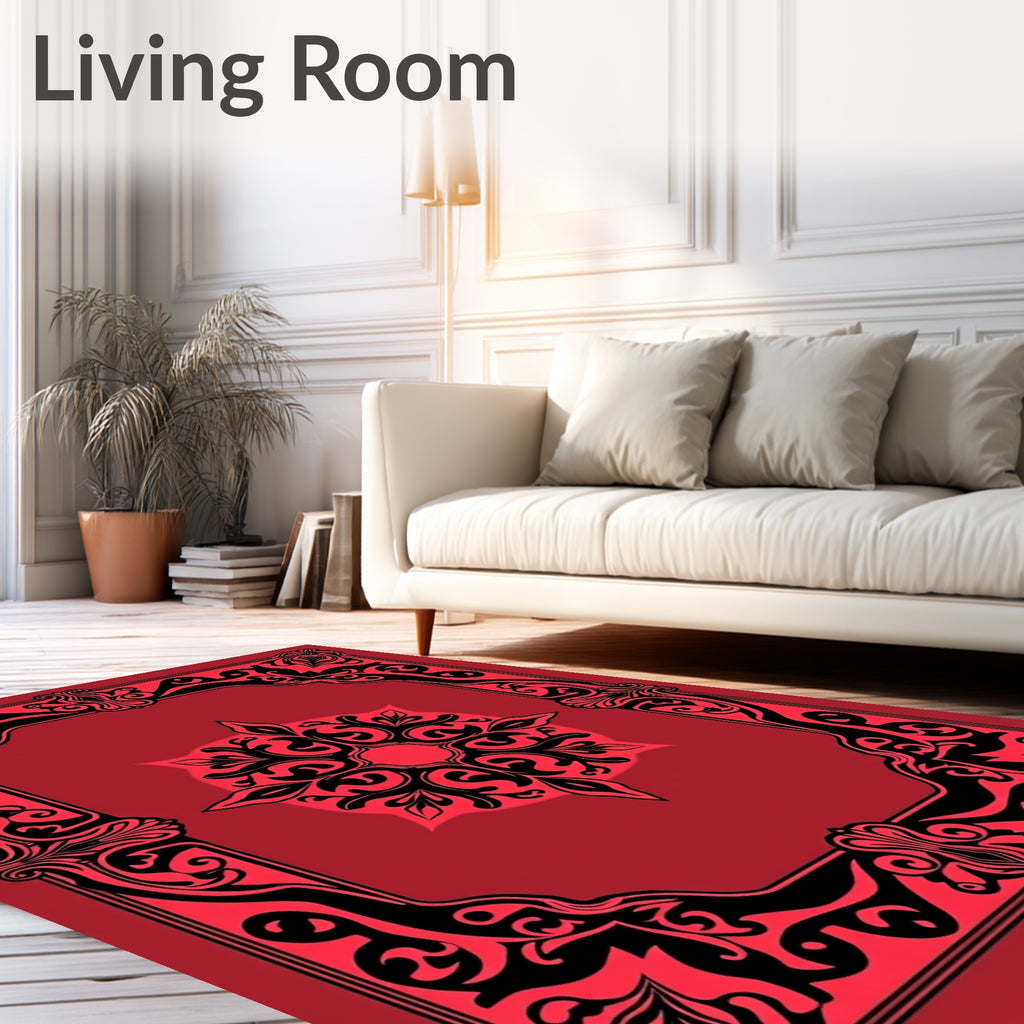 Elegant Black Floral Frame Red Print Rug