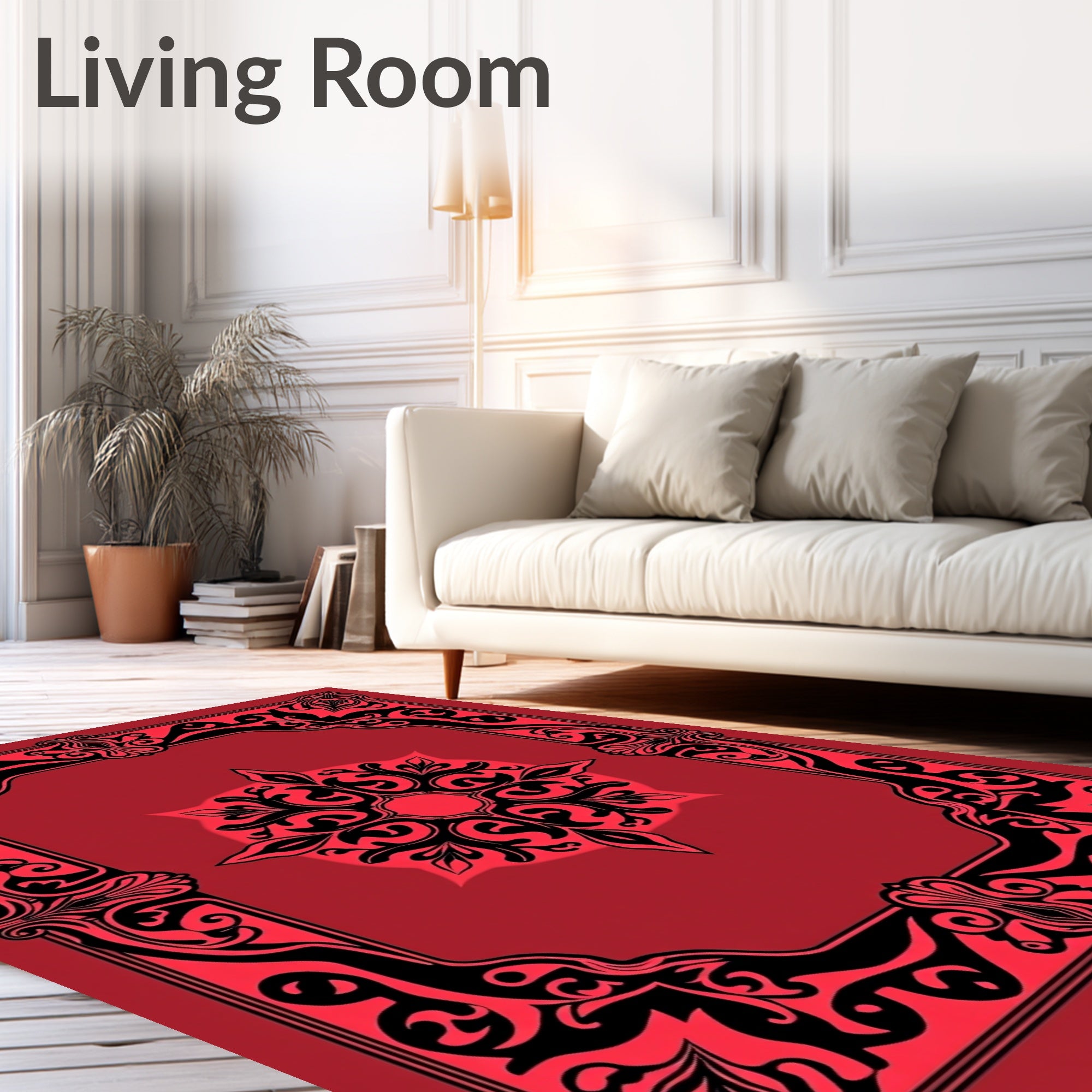 Elegant Black Floral Frame Red Print Rug