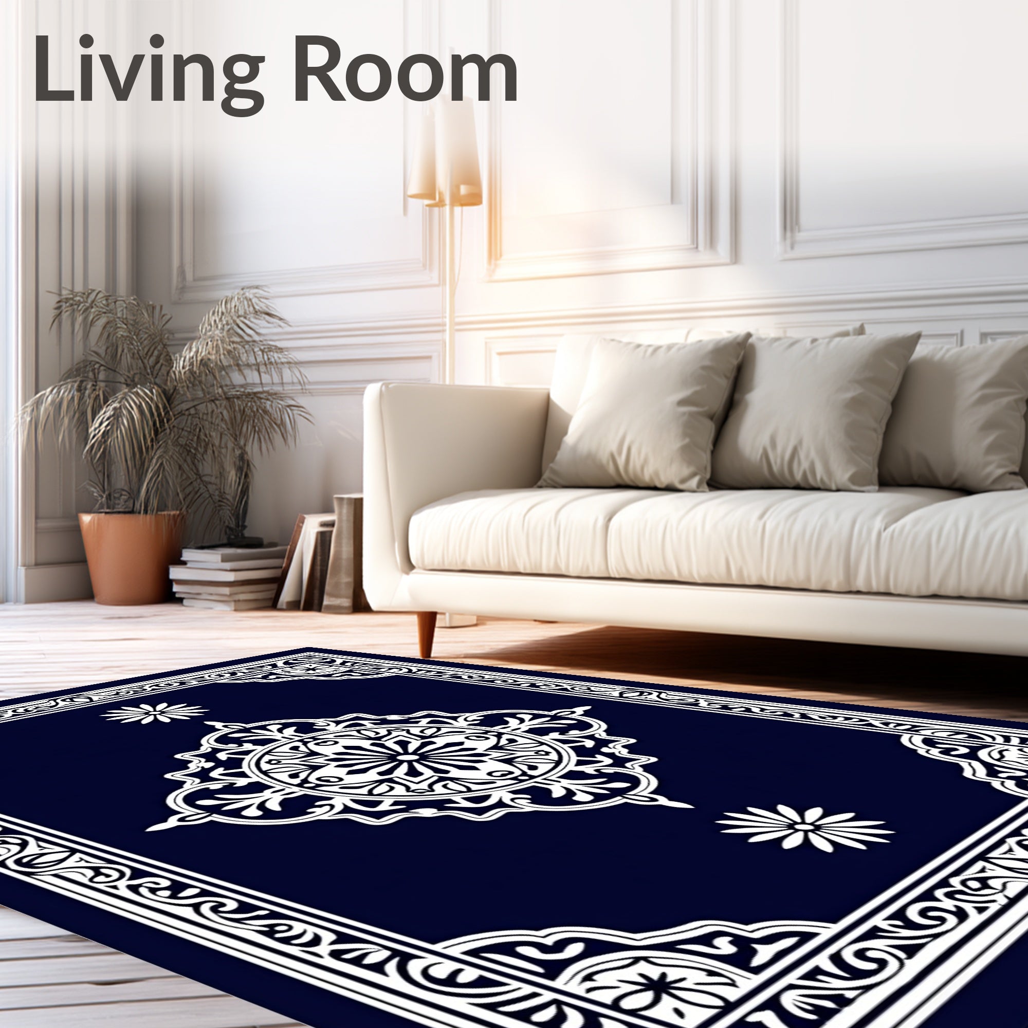 Ornate White Floral Geometric Design Rug