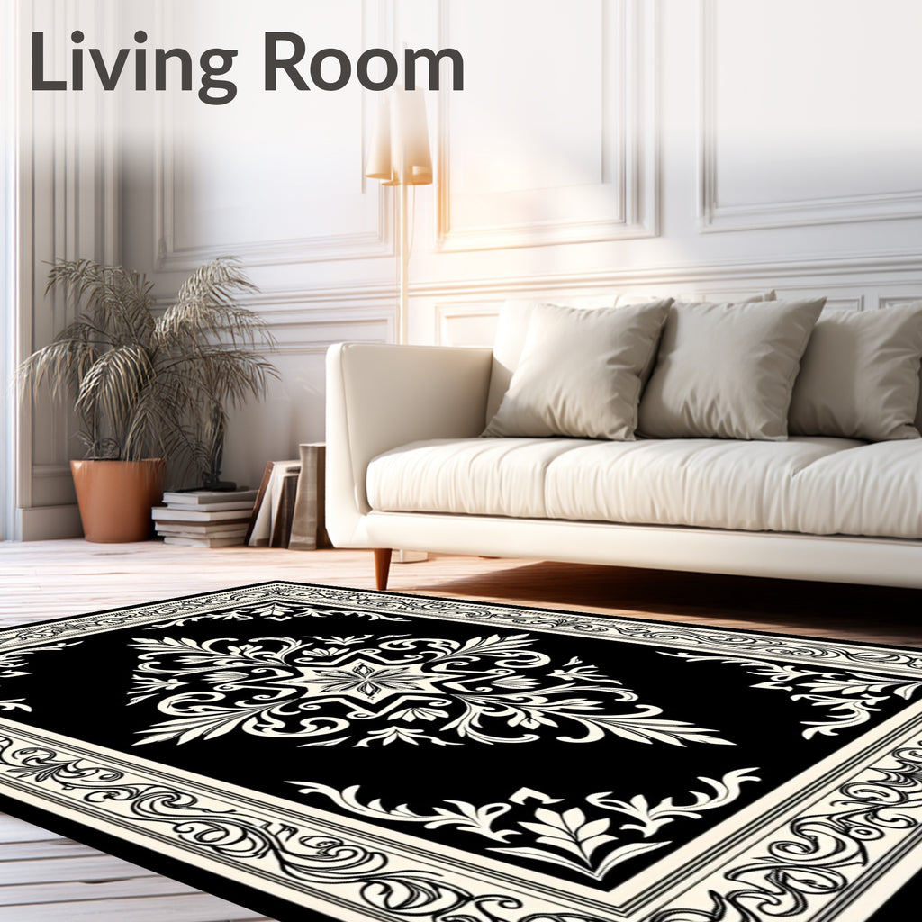 Classic Black White Floral Medallion Design Rug