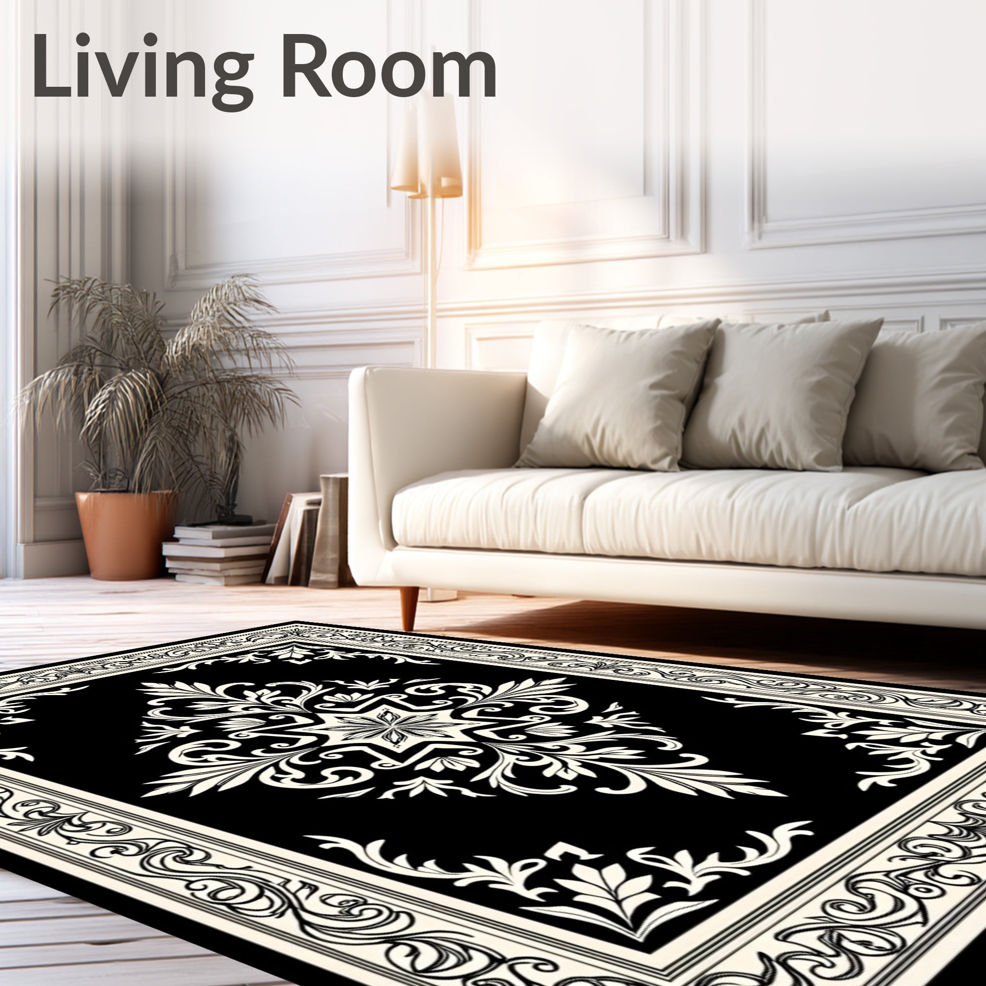 Classic Black White Floral Medallion Design Rug