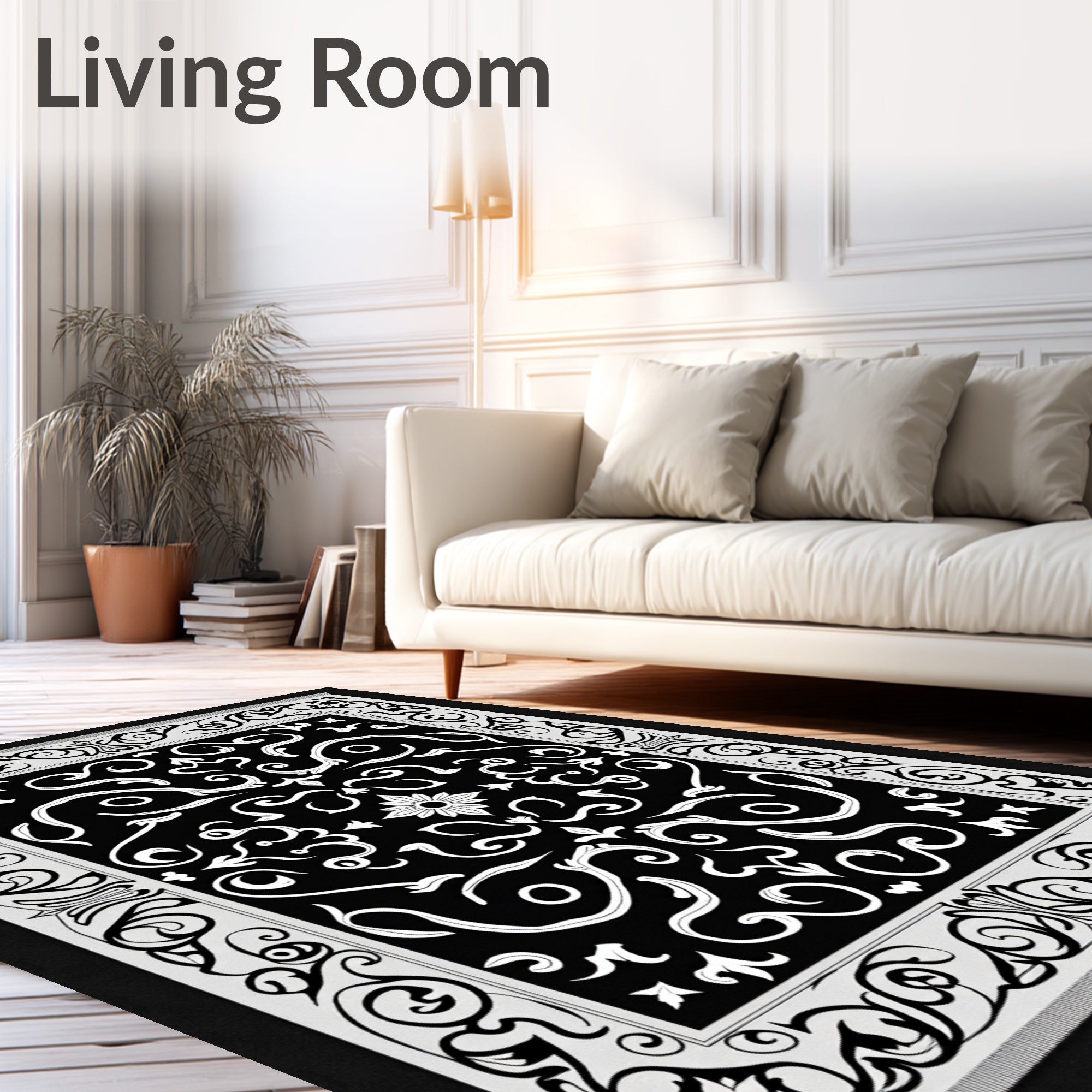 Ornate Black White Swirl Pattern Rug