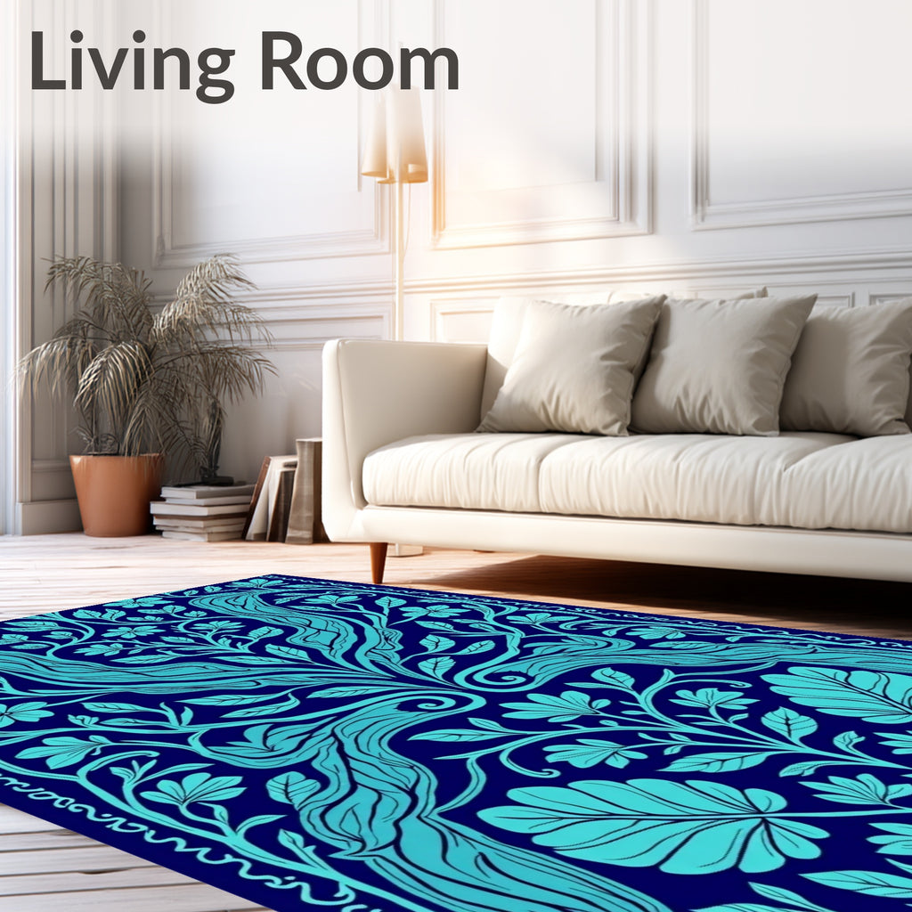 Dark Blue Cyan Floral Vine Pattern Rug