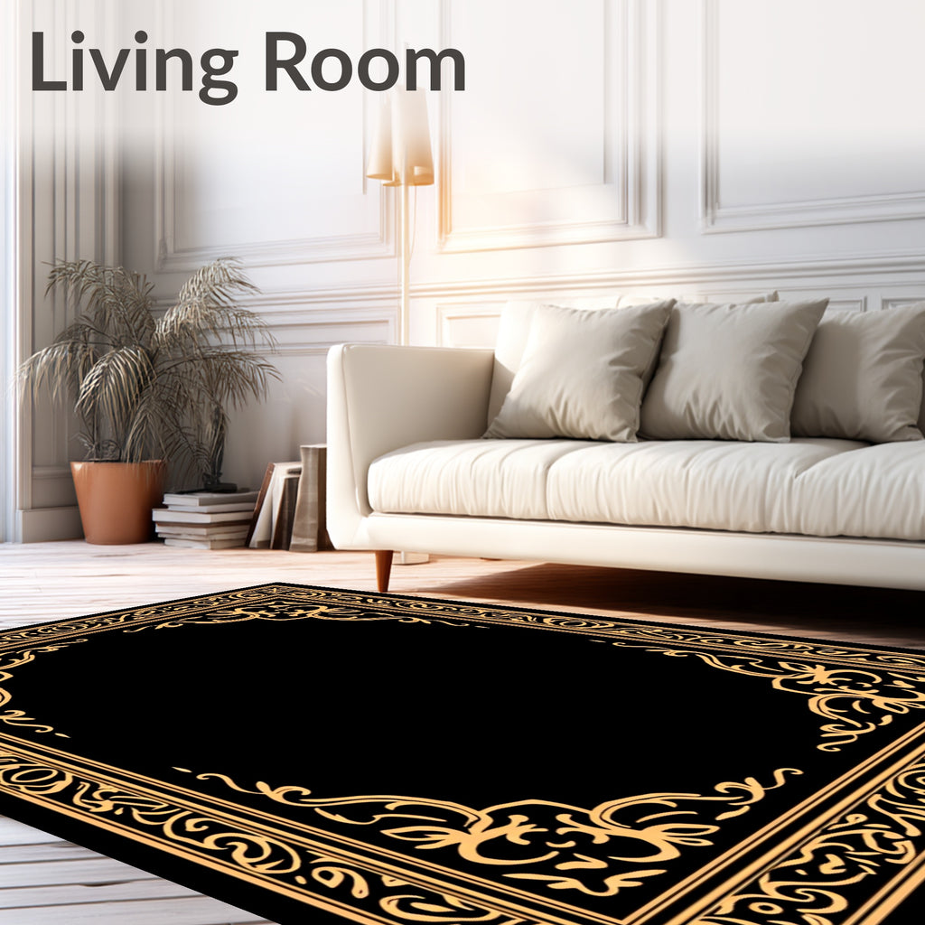 Golden Ornate Scrollwork Frame Design Rug
