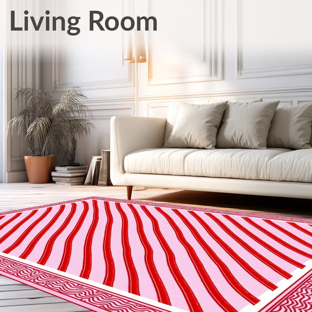 Red Pink Diagonal Stripe Border Rug