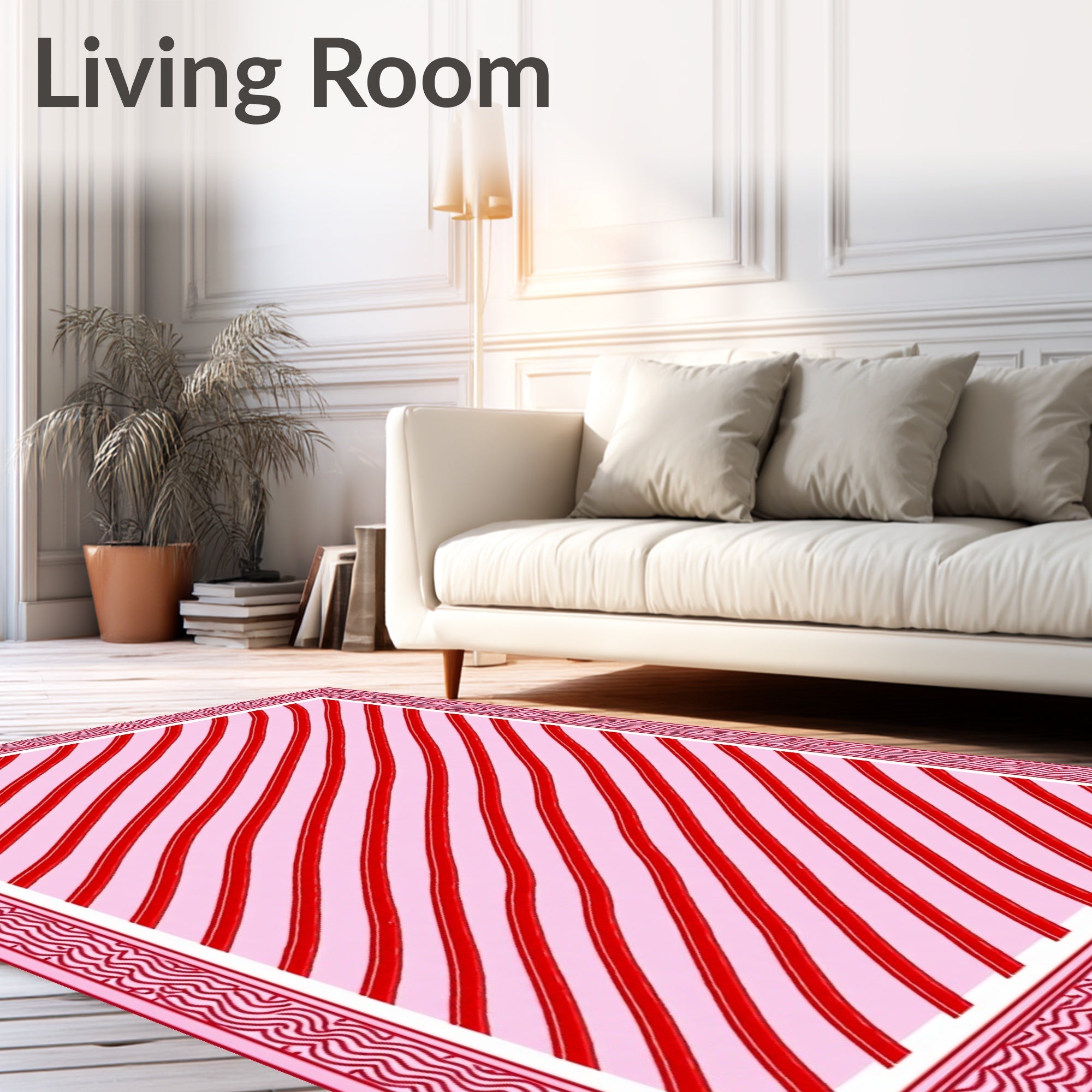 Red Pink Diagonal Stripe Border Rug