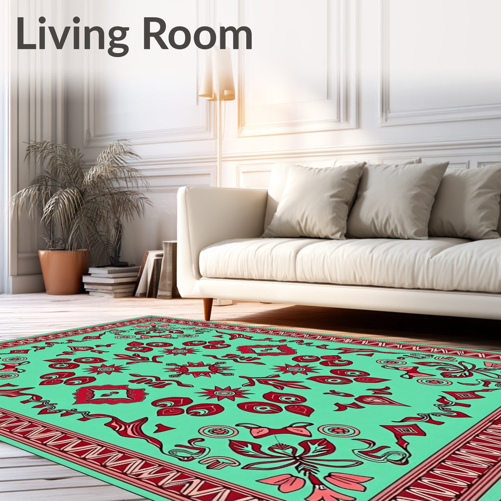 Aqua And Red Floral Mandala Design Rug