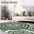 Dark Green Cream Mandala Print Rug