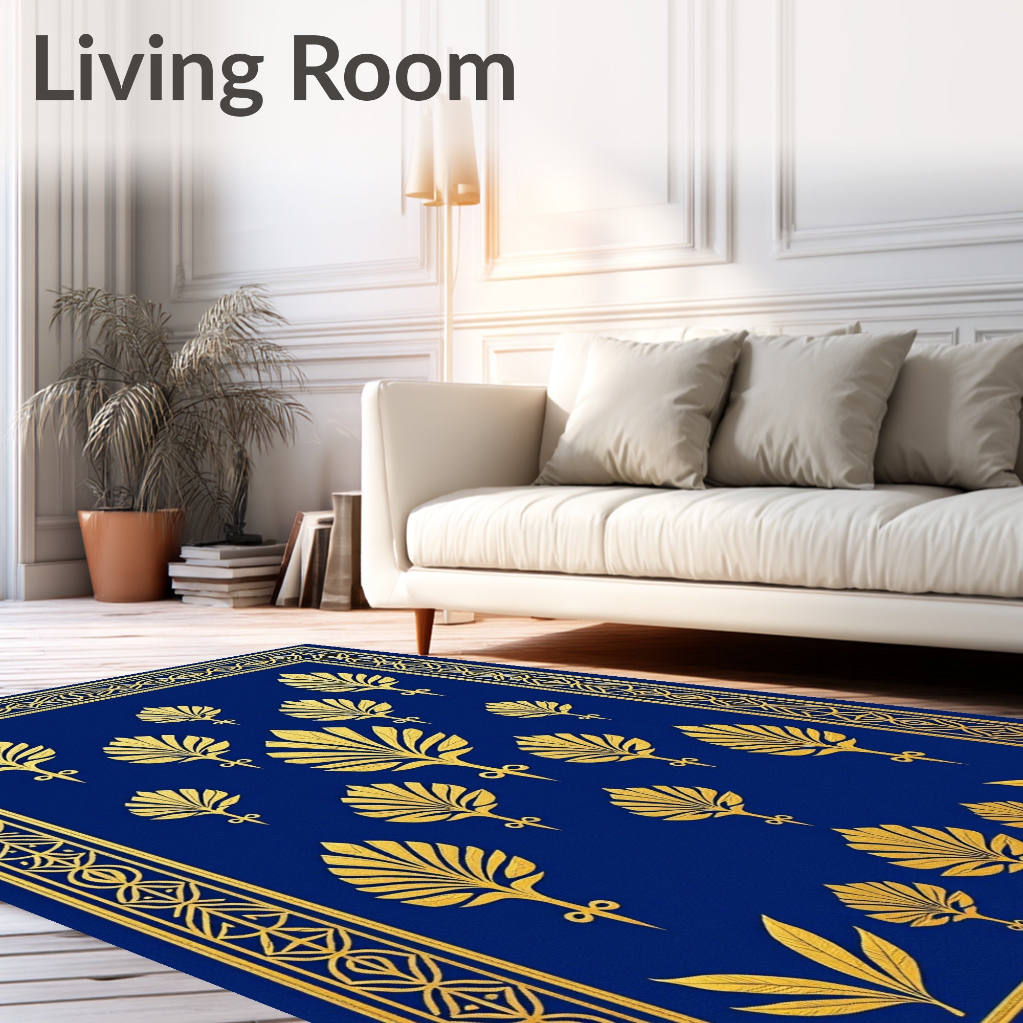 Royal Blue Gold Art Deco Floral Pattern Rug