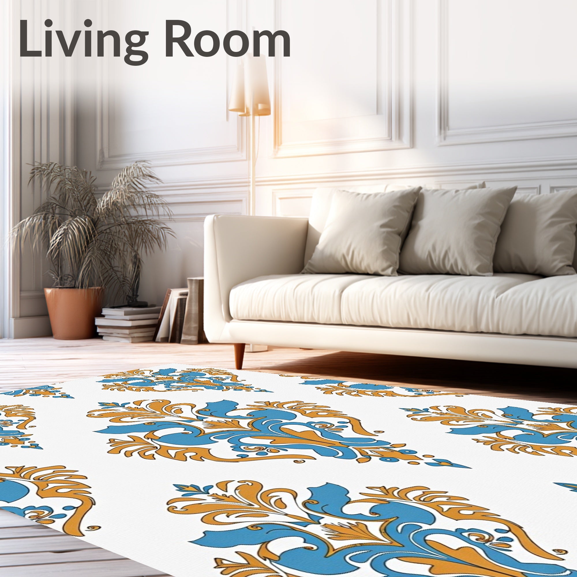 Classic Blue Gold Damask Swirls Rug