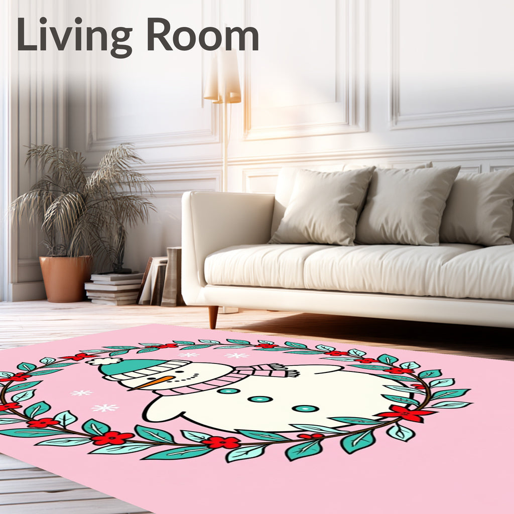 Whimsical Snowman Wreath Pink Background Rug