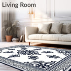 Ornate Black And White Floral Pattern Rug