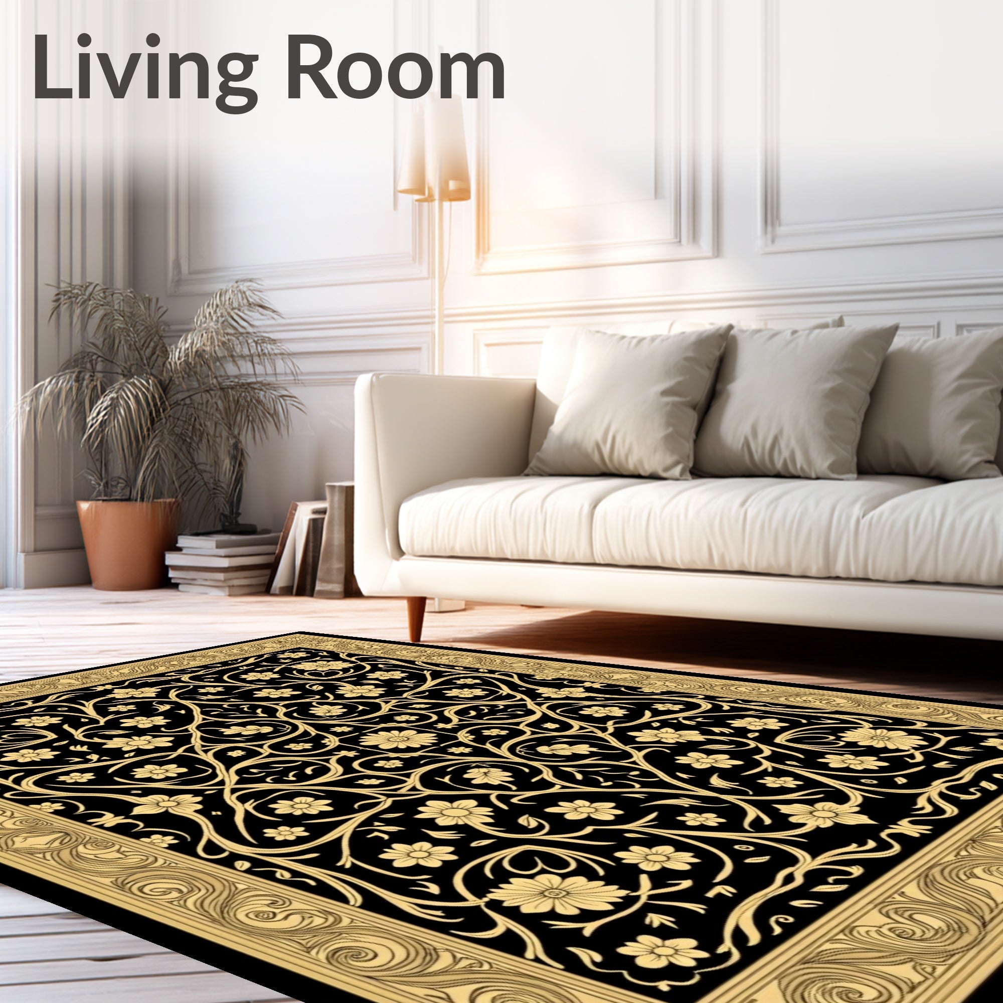 Ornate Golden Floral Vine Pattern Rug