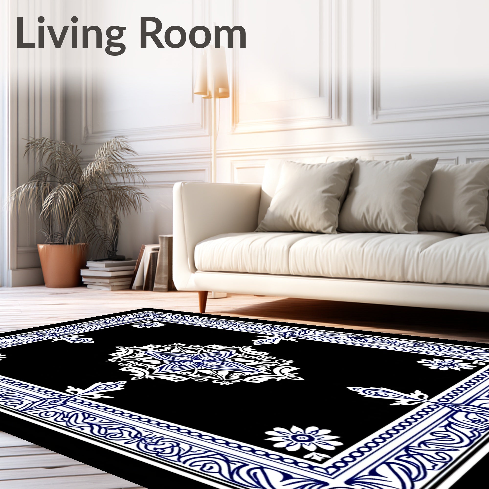 Ornate Blue White Scroll Pattern Rug