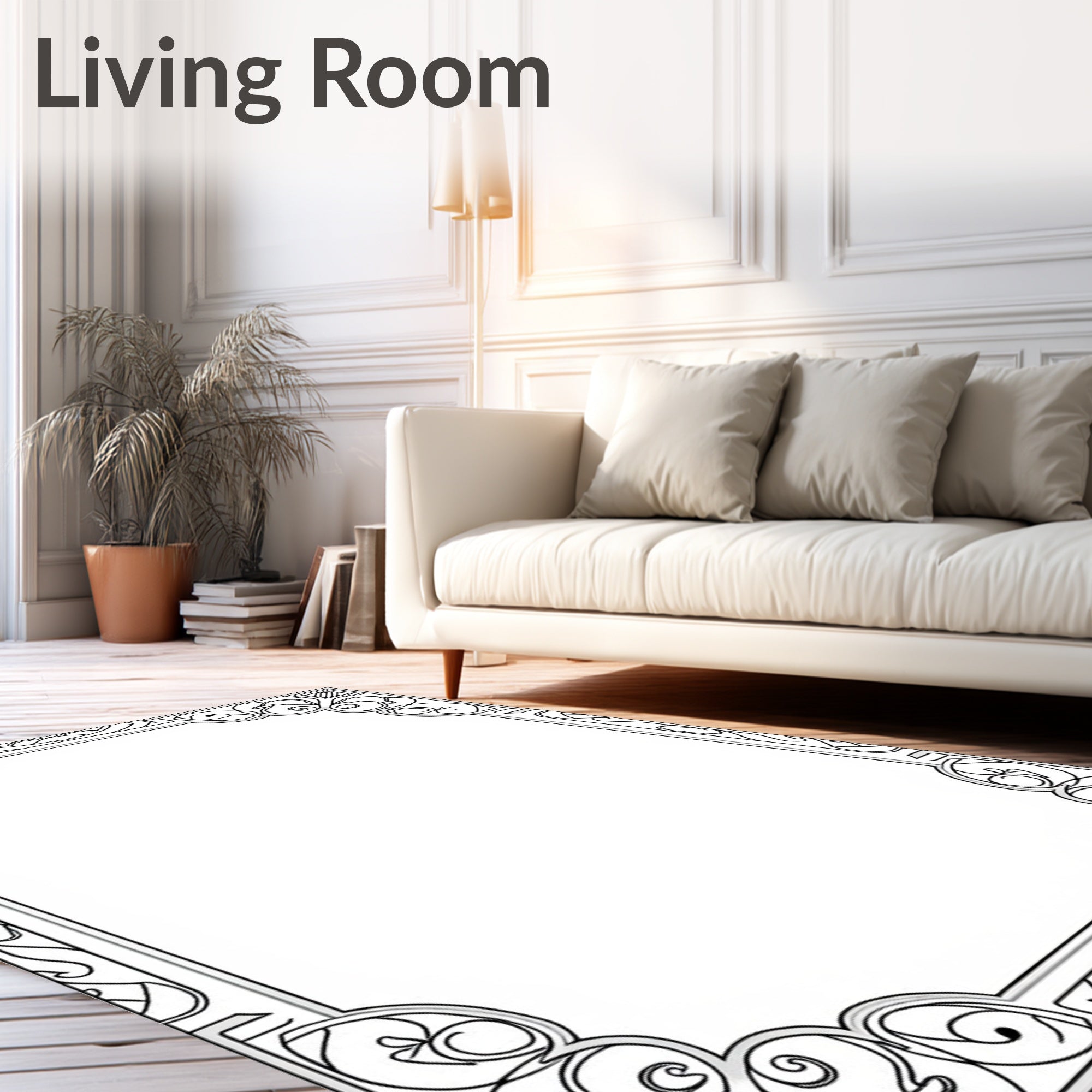 Art Deco Black White Scroll Border Rug