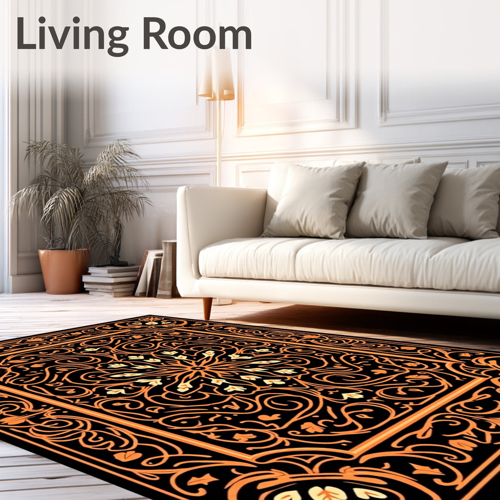 Rich Orange Black Floral Mandala Design Rug