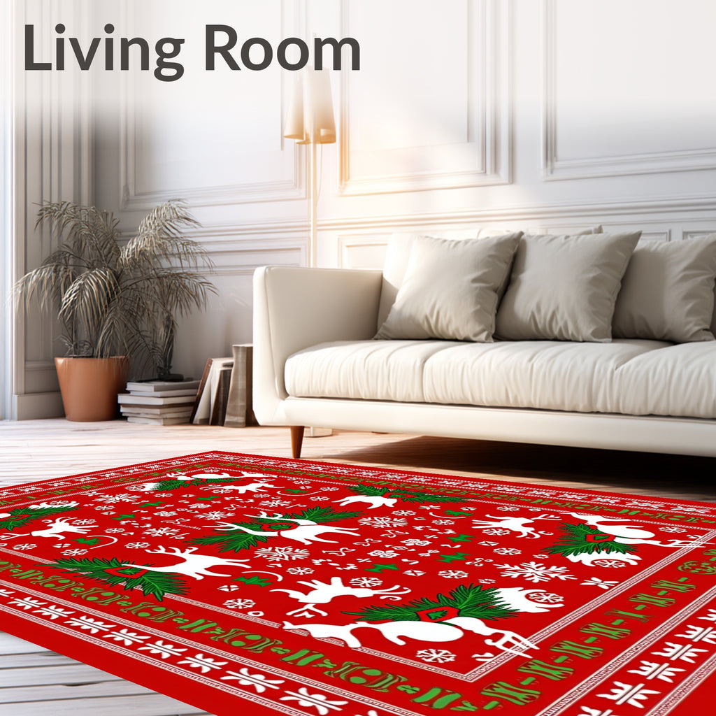 White Reindeer And Snowflakes Red Rug