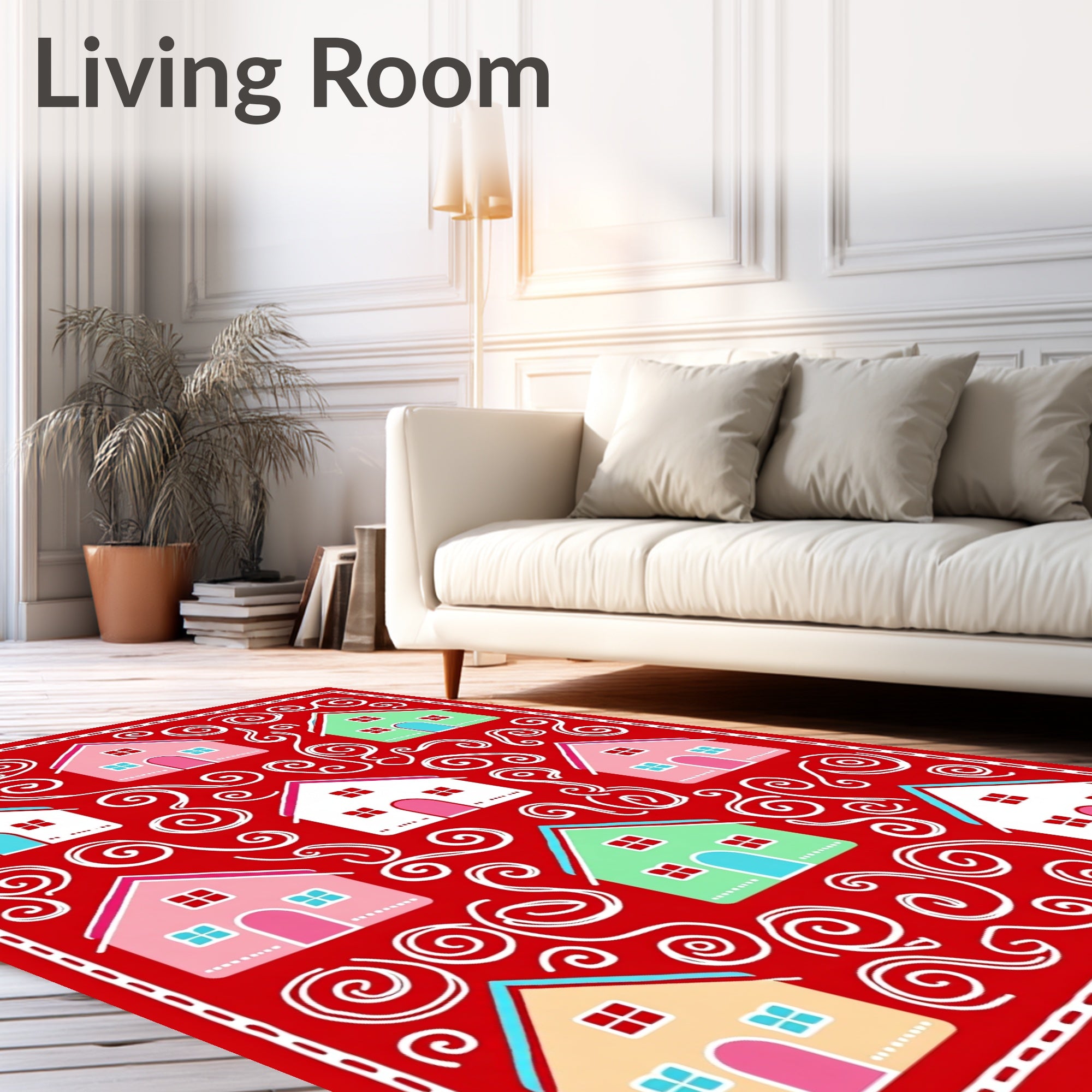 Whimsical Colorful Houses Swirls Background Rug