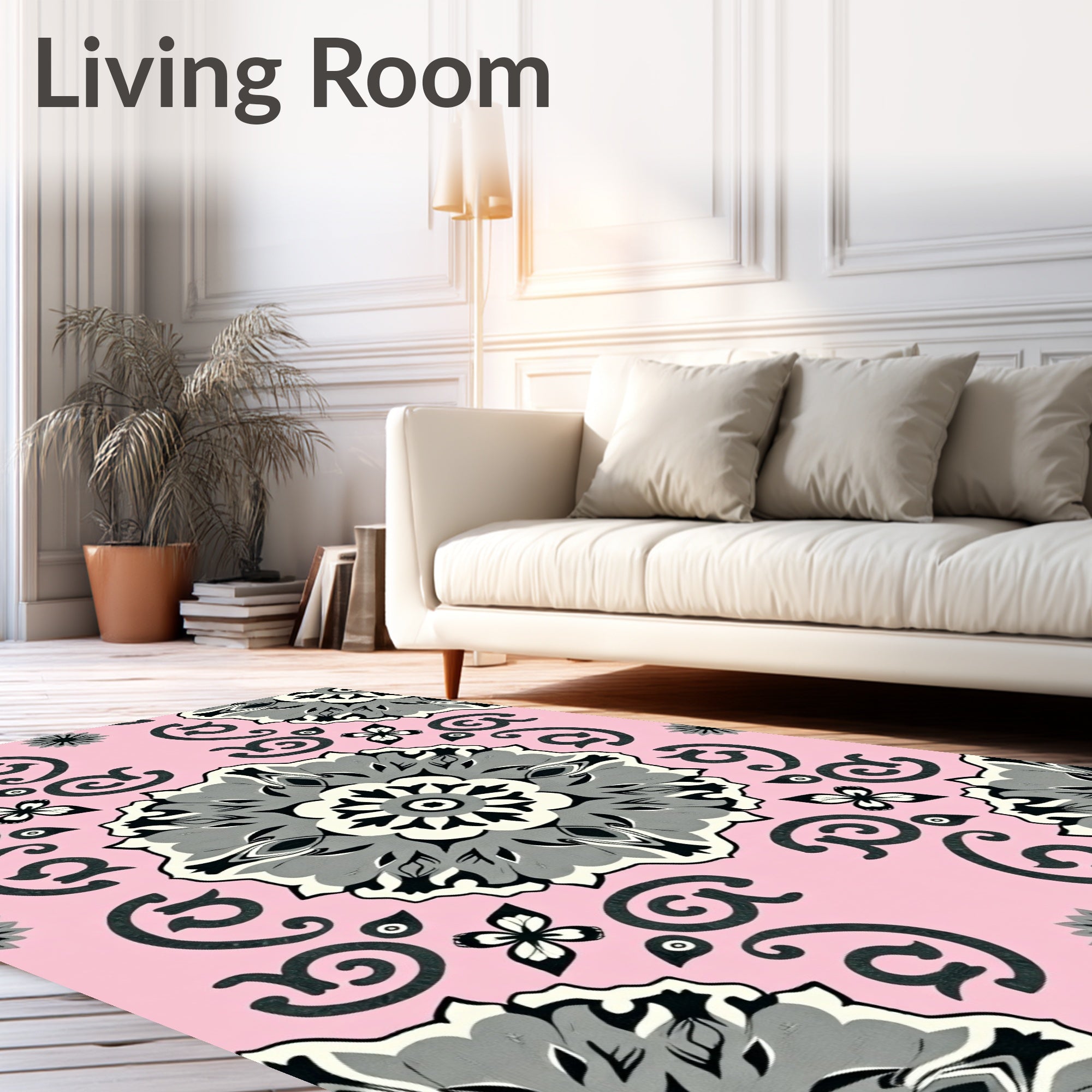 Pink Gray Floral Mandala Pattern Rug