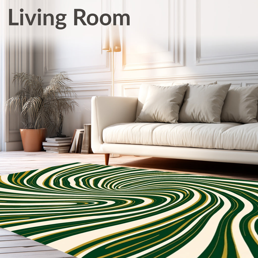 Swirling Dark Green Gold Stripes Rug