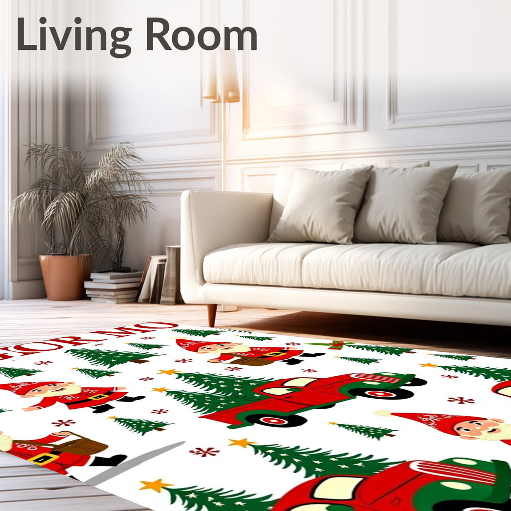 Cheerful Gnomes Red Truck Christmas Trees Rug