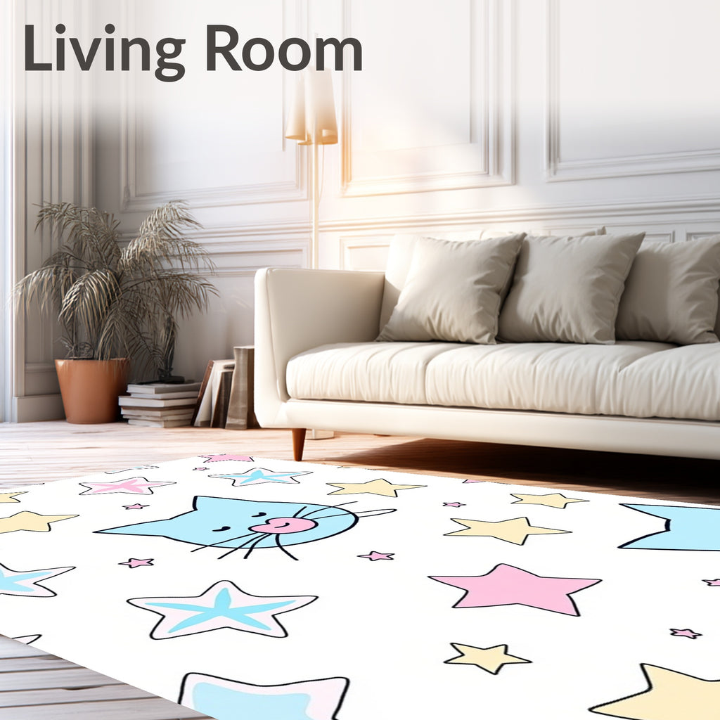 Cute Blue Cats Stars Pattern Rug